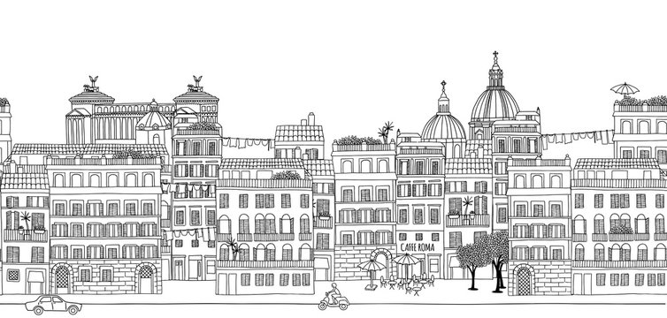 Seamless banner of Rome's skyline, hand drawn black and white illustration