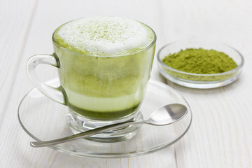 Matcha gren tea latte in glass cup