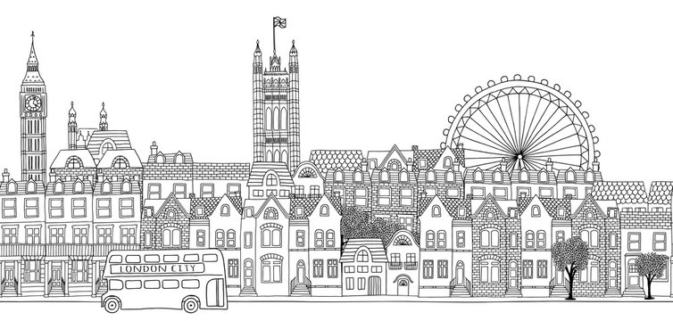 Seamless banner of London's skyline, hand drawn black and white illustration