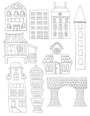 Set Of Doodle City Buildings Structures Line art No fill Bridge House Apartment