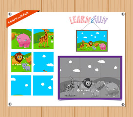 Cartoon Illustration of Education Jigsaw Puzzle Game for Preschool Children with Farm Animals