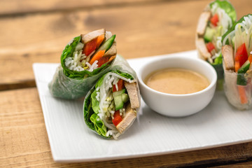 Vietnamese Spring Rolls With Peanut Sauce. These are great as an healthy appetizer or lunch. Served with peanut butter sauce.