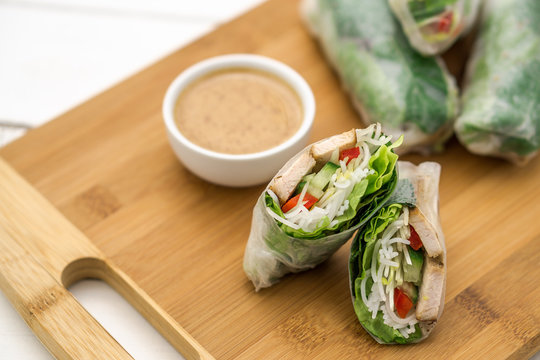 Vietnamese Summer Rolls. These are great as an healthy appetizer or lunch. Served with peanut butter sauce.