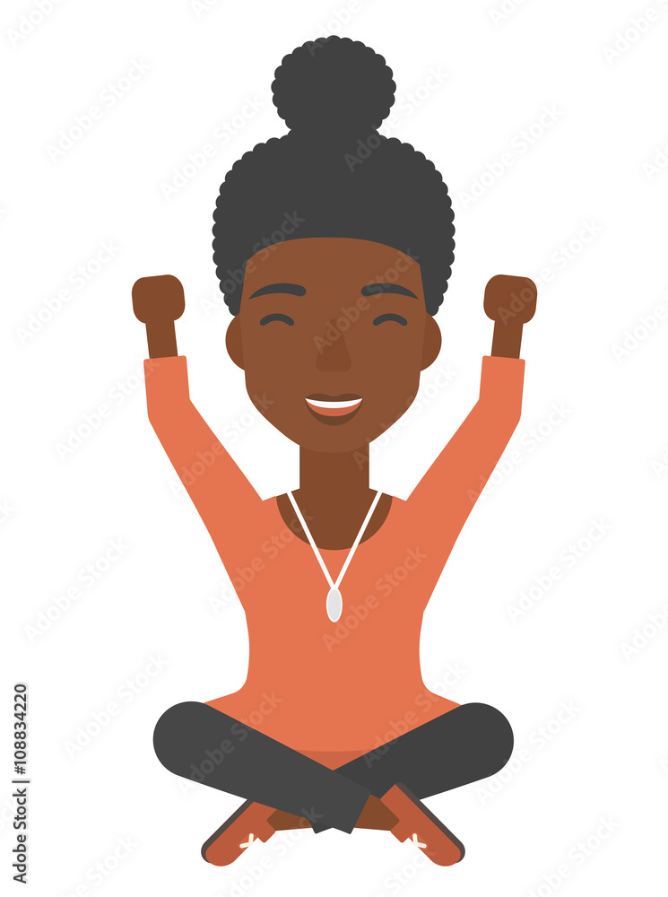 Poster Woman sitting with crossed legs and raised hands up.