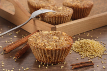 Fresh muffins with millet groats, cinnamon and apple baked with wholemeal flour, delicious healthy dessert