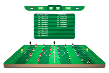 football team formation player in mini soccer field with scorebo