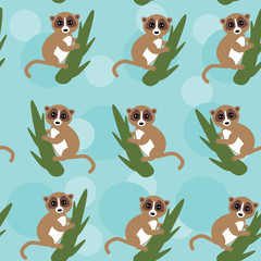 Seamless pattern lemur on green branch on blue background. vector © EkaterinaP