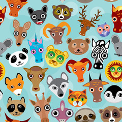 Seamless pattern cute face funny animals on blue background. Vector