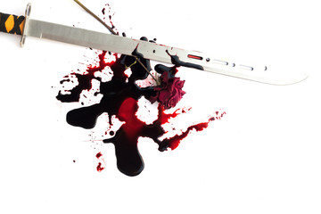 Conceptual image of a sharp knife with blood on it resting on tiles on the floor