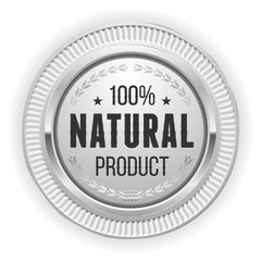 Silver natural product badge on white background