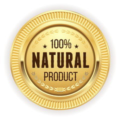 Gold natural product badge on white background