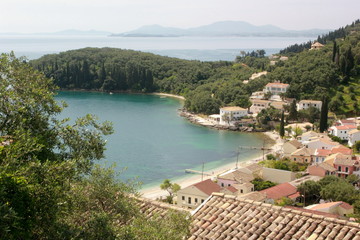 Fototapeta na wymiar Holiday resort with villa beach sea olive trees and islands