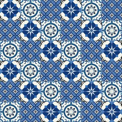 Stylish seamless pattern patchwork mix of  Moroccan tiles in trendy shades of blue.