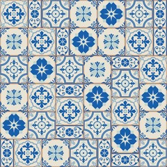 Stylish seamless pattern patchwork mix of  Vintage  from  Moroccan, Portuguese, Azulejo tiles , retro ornaments.  Template for interior design in trendy shades of blue.