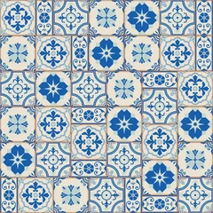 Papier Peint photo Lavable Tuiles marocaines Mélange de patchwork élégant et harmonieux de carreaux vintage marocains, portugais, azulejos, ornements rétro. Modèle de design d& 39 intérieur dans des tons de bleu à la mode.