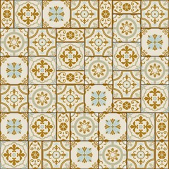Stylish seamless pattern patchwork mix of  Vintage  from  Moroccan, Portuguese, Azulejo tiles , retro ornaments.  Template for interior design in trendy shades of brown, sepia