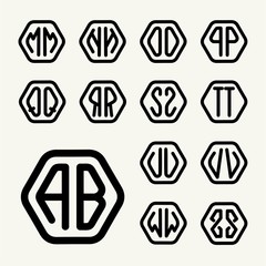 Set 2 template letters to create monograms of two letters inscribed in a hexagon in modern style