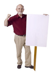 old man holding a white banner