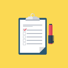 Survey vector icon. Survey clipboard. Checklist and felt-tip pen. Survey form. Survey results. Report board. Clipboard. Vector illustration.