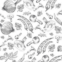 Hand drawn sketch vegetables, Vector illustration mushrooms, olive, pepper, onion isolated on white, Ideal for use in organic food industry, healthy green food market, vegetarian restaurant menu