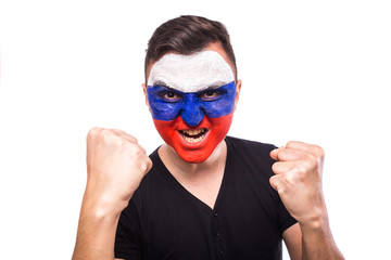 goal scream emotions of Russian football fan in game support of Russia national team on white background. European football fans concept.