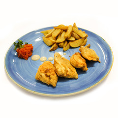 Fried meat and potato on big plate.