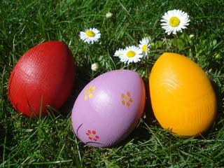 Hand painted Easter eggs on grass near bellis perennis flowers