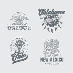 Орегон, Оклахома, Огайо, Нью Мексико, эмблемы штатов Америки на светлом фоне