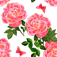Panele Szklane  Bezszwowe tło wzór z rocznika akwarela różowych róż i motyli