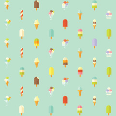 Flat vector seamless pattern with ice creams. 