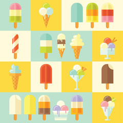 Flat vector set of tasty summer ice creams.