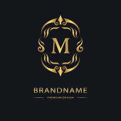 Luxury Vintage logo. Business sign, label, Letter emblem M for badge, crest, Restaurant, Royalty, Boutique brand, Hotel, Heraldic, Jewelery, Fashion, Real estate, Resort, tattoo, Auctions. Vector