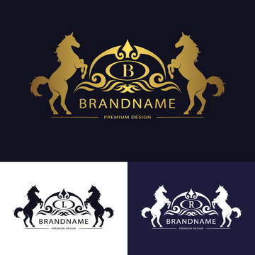 Monogram logo emblem template with horse. Graceful Luxury design. Calligraphic letter B, L, R Business sign for hotel, restaurant, boutique, invitation, jewelery, royalty brand. Vector illustration.