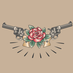 Пистолеты и роза татуировка олдскул  - obrazy, fototapety, plakaty