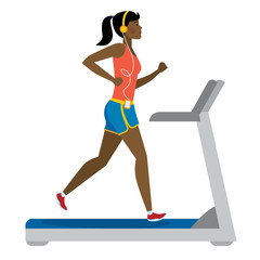 Fit african american girl running on treadmill on white.