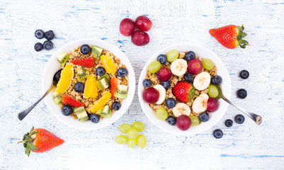 Fototapeta na wymiar Muesli, fruit, berries in a bowl on an