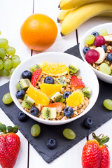 Muesli, fruit, berries in a bowl on an