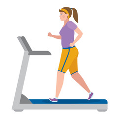 Fototapeta premium Girl running on treadmill on white.