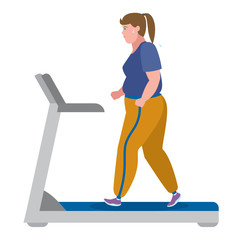 Fototapeta premium Fat girl running on treadmill on white.
