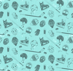 Fototapeta premium Seamless pattern with hockey equipment - made in dual color, muted tones. Helmets, sticks, gloves, skates, pucks, goalie masks. Ice texture grouped and can be easily removed.