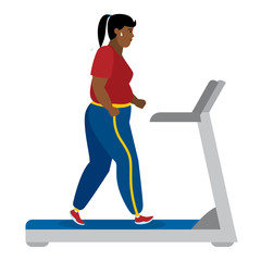 Fototapeta premium Fat african american girl running on treadmill on white.