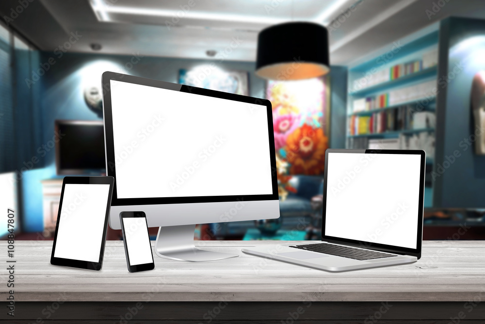 Poster responsive display devices on table in living room. isolated white screen for mockup presentation