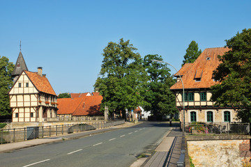 Fototapeta na wymiar Burgstraße mit Schlossmühle in Burgsteinfurt, Nordrhein-Westfalen