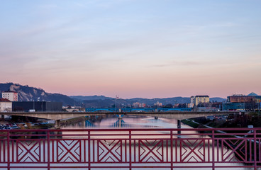 Sunset over the river and bridges