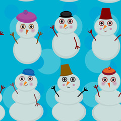 Seamless pattern cute cartoon snowmen on blue background for winter design. vector