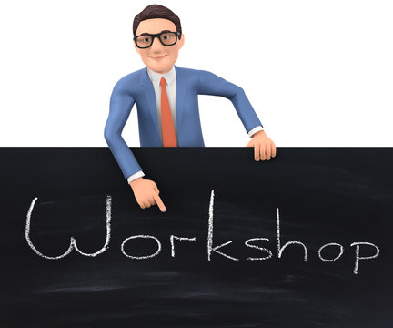 3d Businesman hält einen Workshop und erklärt an der schwarzen Tafel die Einzelheiten..Die Figur zeigt mit dem Zeigefinger das Thema des heutigen Tages.