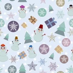 Seamless pattern  new year snowflake, snowman, sheep, Christmas tree, gifts. vector