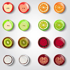 Vector Set of Fruit Icons. cartoon style icon. Fruits vector illustration.Food icons.Round flat buttons with a long shadow.Apple, orange, pear, kiwi, coconut, watermelon, pomegranate.