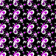 purple abstract flowers on a black background seamless pattern