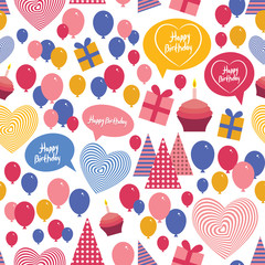 Seamless background - happy birthday. Heart, gift box, balloons, birthday cake, hat. Blue, pink, orange. vector